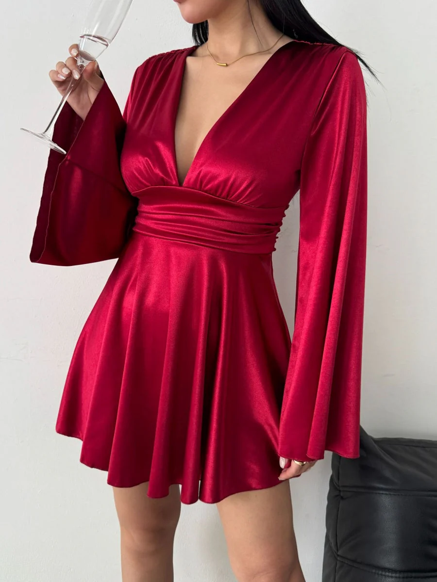 V-neck Long Sleeve Flared Sleeves Mini&Short Dresses - Image 7