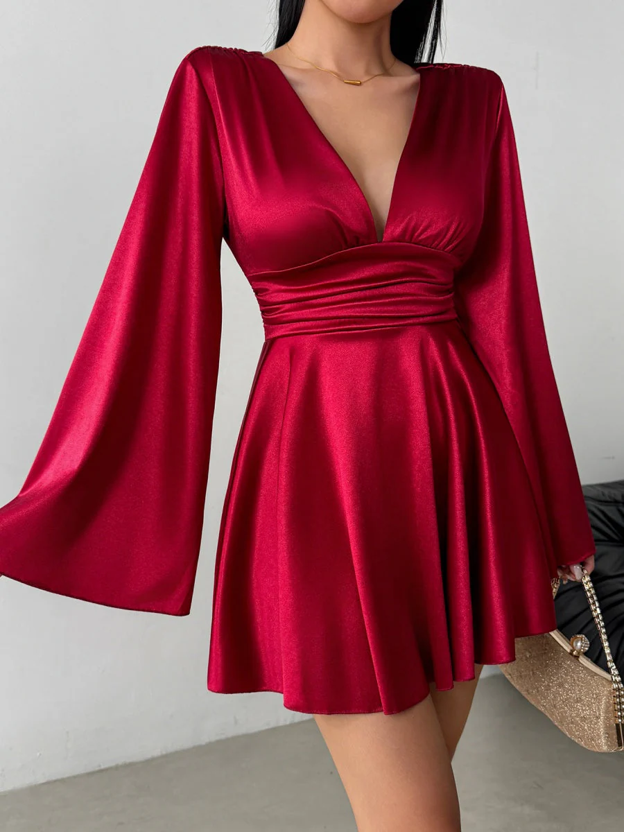 V-neck Long Sleeve Flared Sleeves Mini&Short Dresses - Image 8