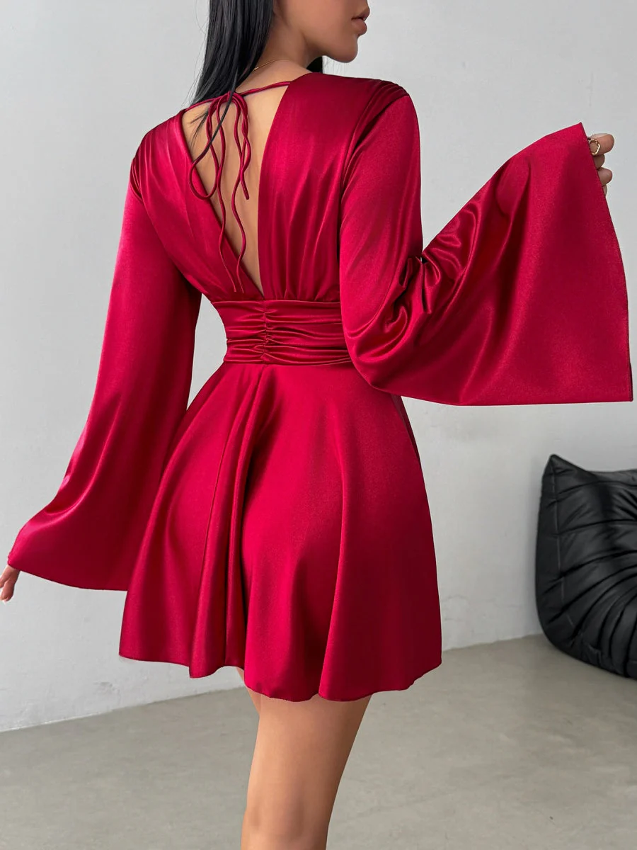 V-neck Long Sleeve Flared Sleeves Mini&Short Dresses - Image 9