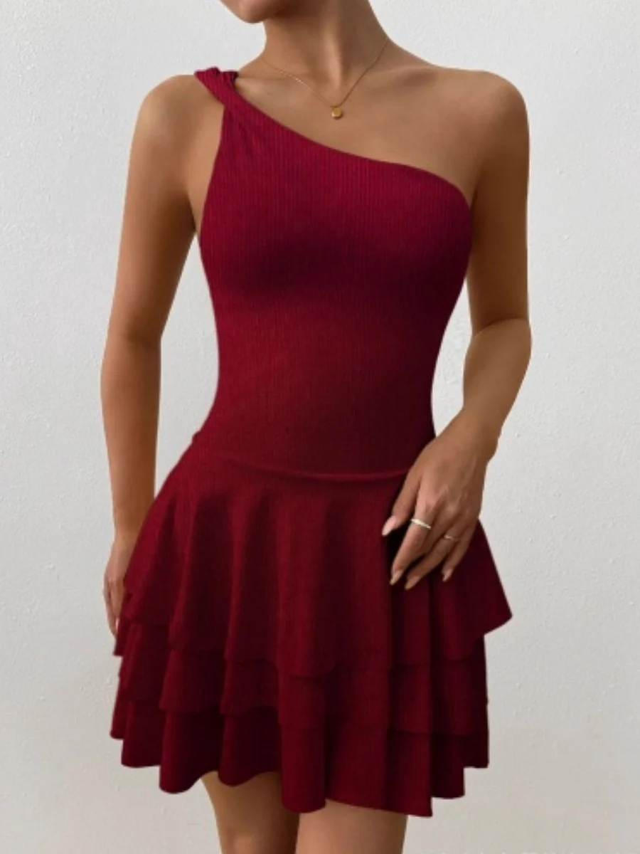 Slanted Shoulder Neck Backless Ruffle Mini&Short Dresses - Image 2
