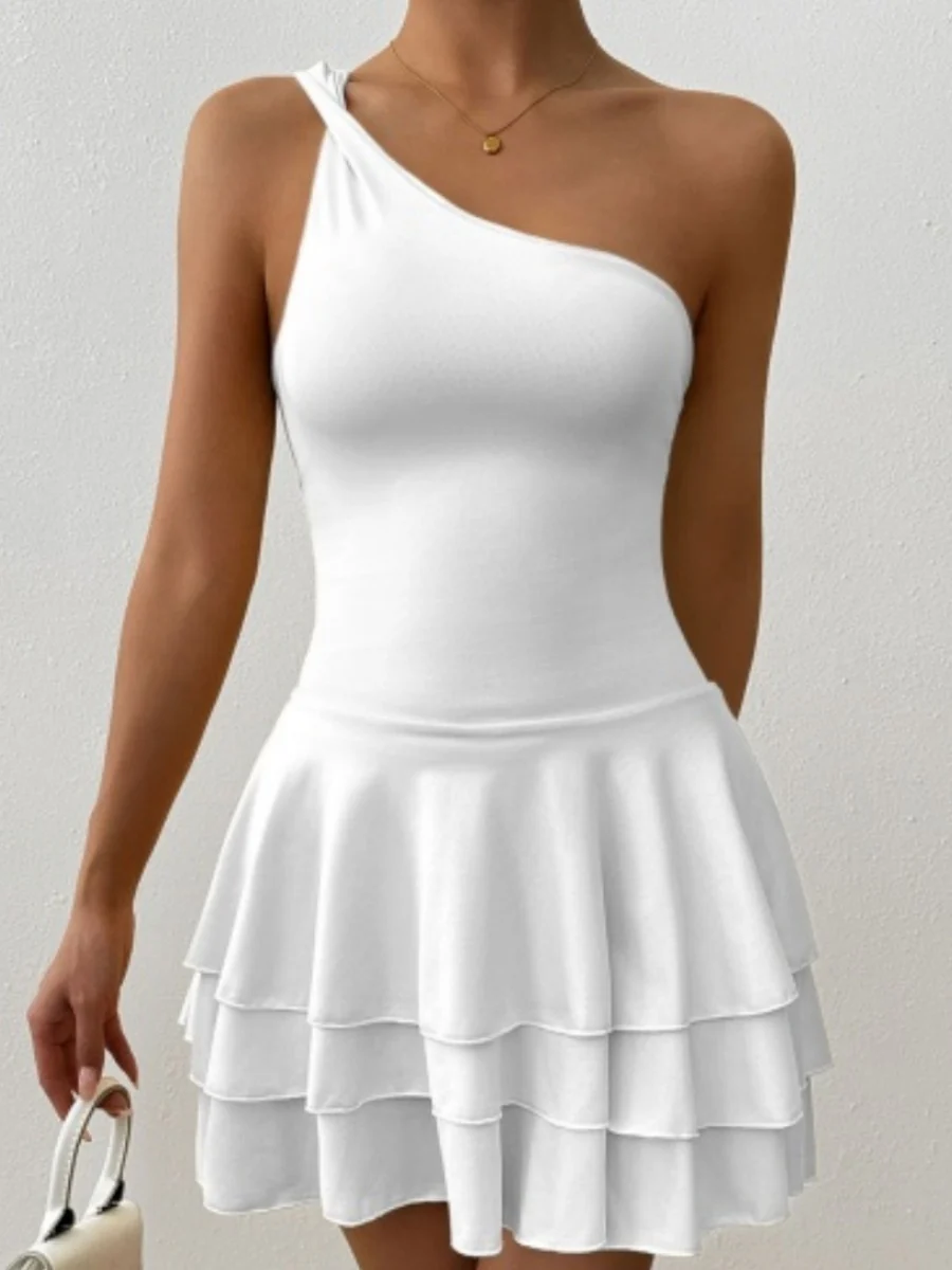 Slanted Shoulder Neck Backless Ruffle Mini&Short Dresses - Image 4