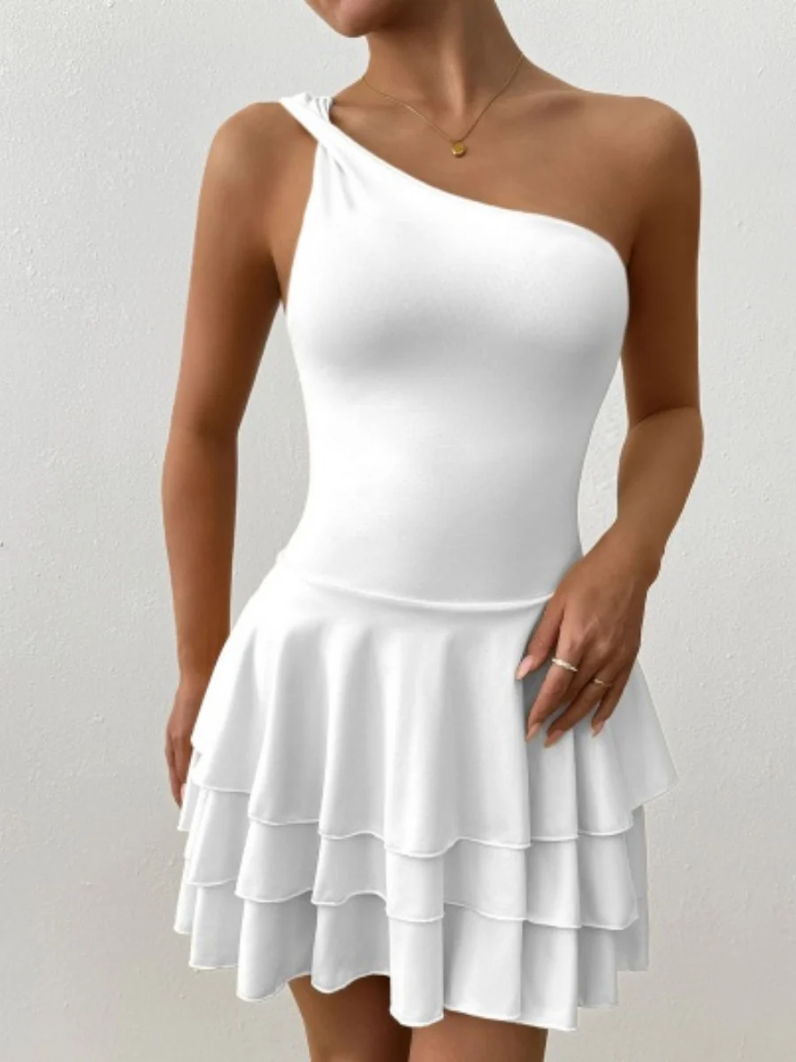 Slanted Shoulder Neck Backless Ruffle Mini&Short Dresses - Image 5