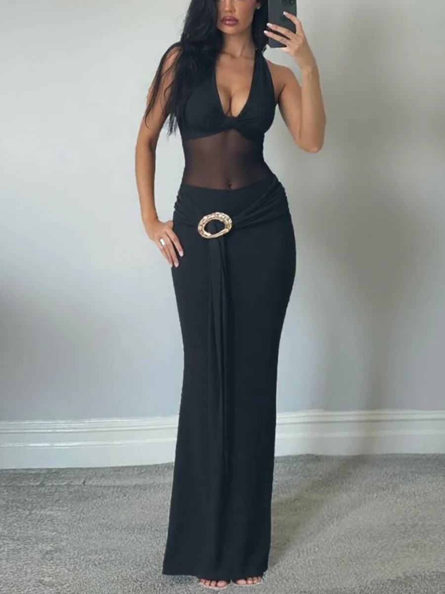 Backless Mesh Perspective Splicing Parties Maxi Dresses - Image 5