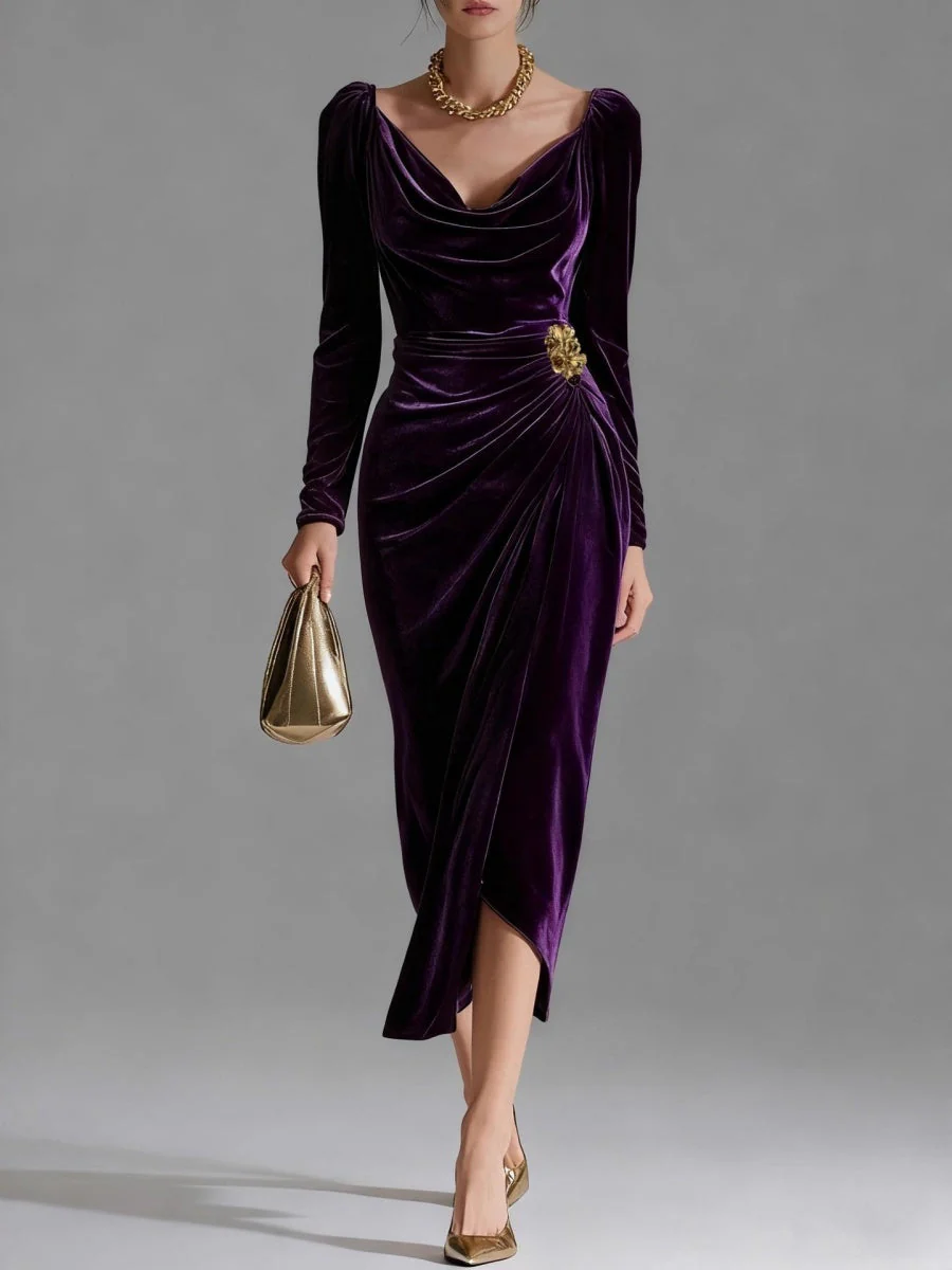 Velvet Cowl Neck Midi Party Dress - Image 10