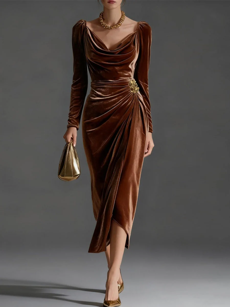Velvet Cowl Neck Midi Party Dress - Image 11