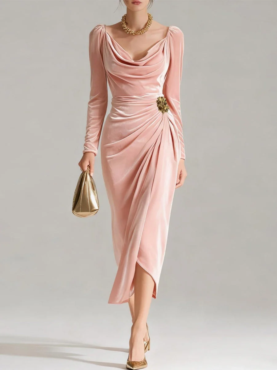 Velvet Cowl Neck Midi Party Dress - Image 12