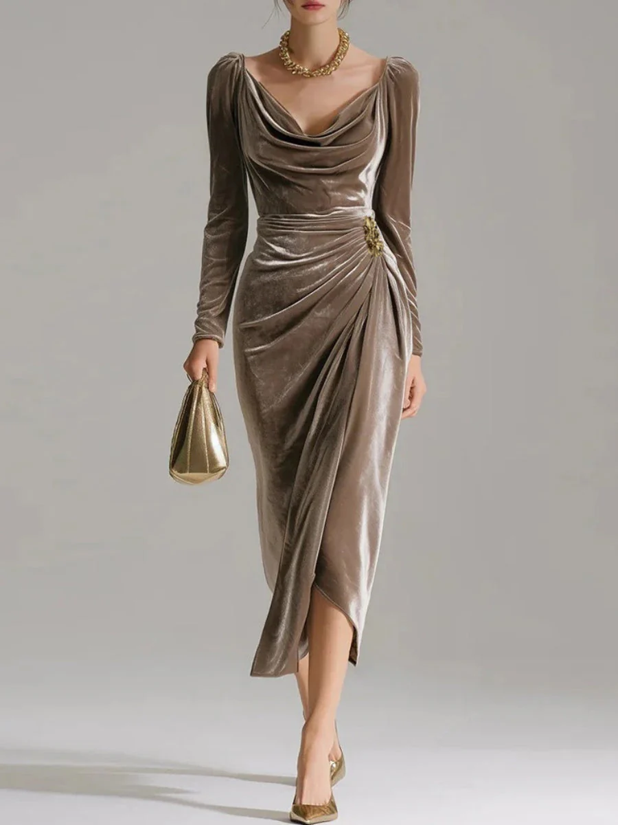 Velvet Cowl Neck Midi Party Dress - Image 6