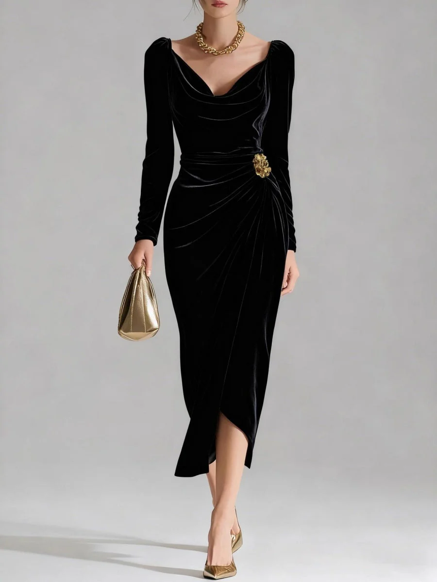 Velvet Cowl Neck Midi Party Dress - Image 8