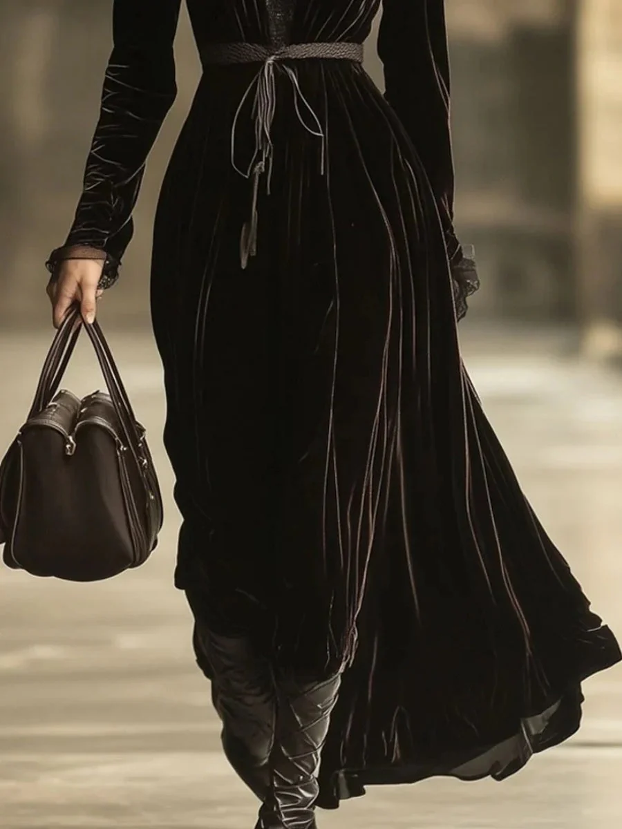 Retro Velvet Lace Stitching Maxi Dresses - Image 2