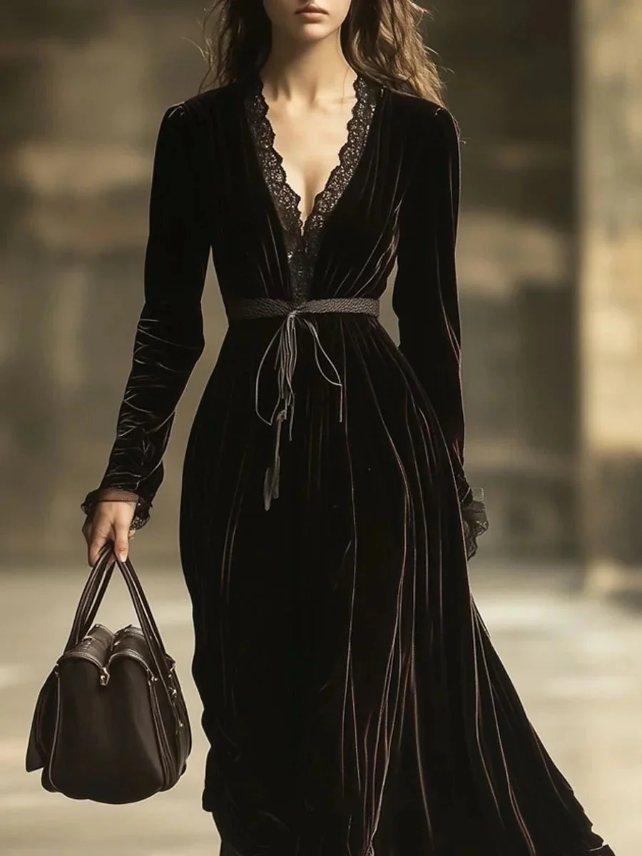 Retro Velvet Lace Stitching Maxi Dresses - Image 4