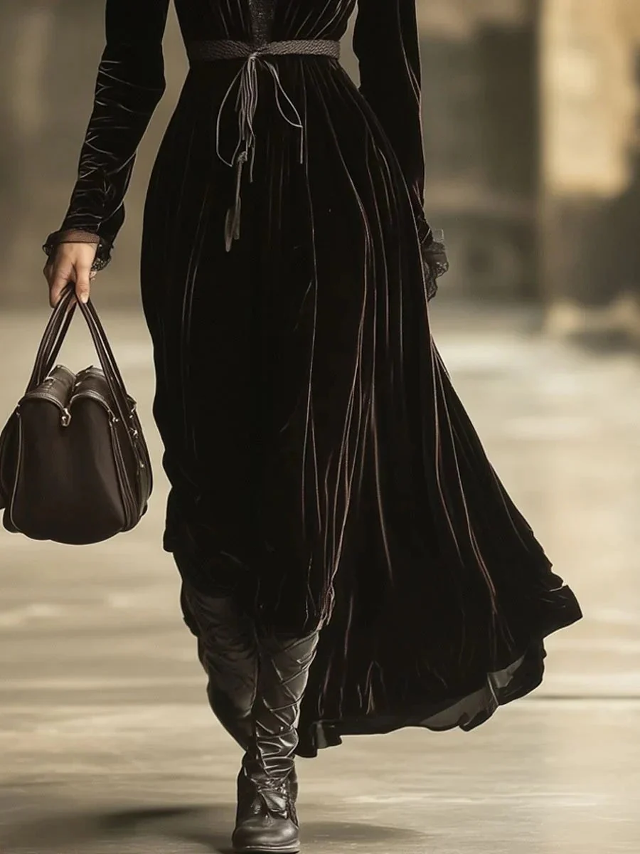 Retro Velvet Lace Stitching Maxi Dresses - Image 5