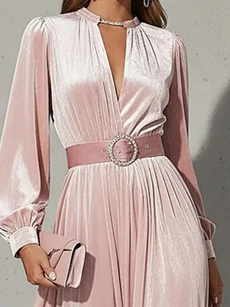 Waist Long Skirt Solid Color V-neck Velvet Long Sleeve Midi Dresses - Image 4