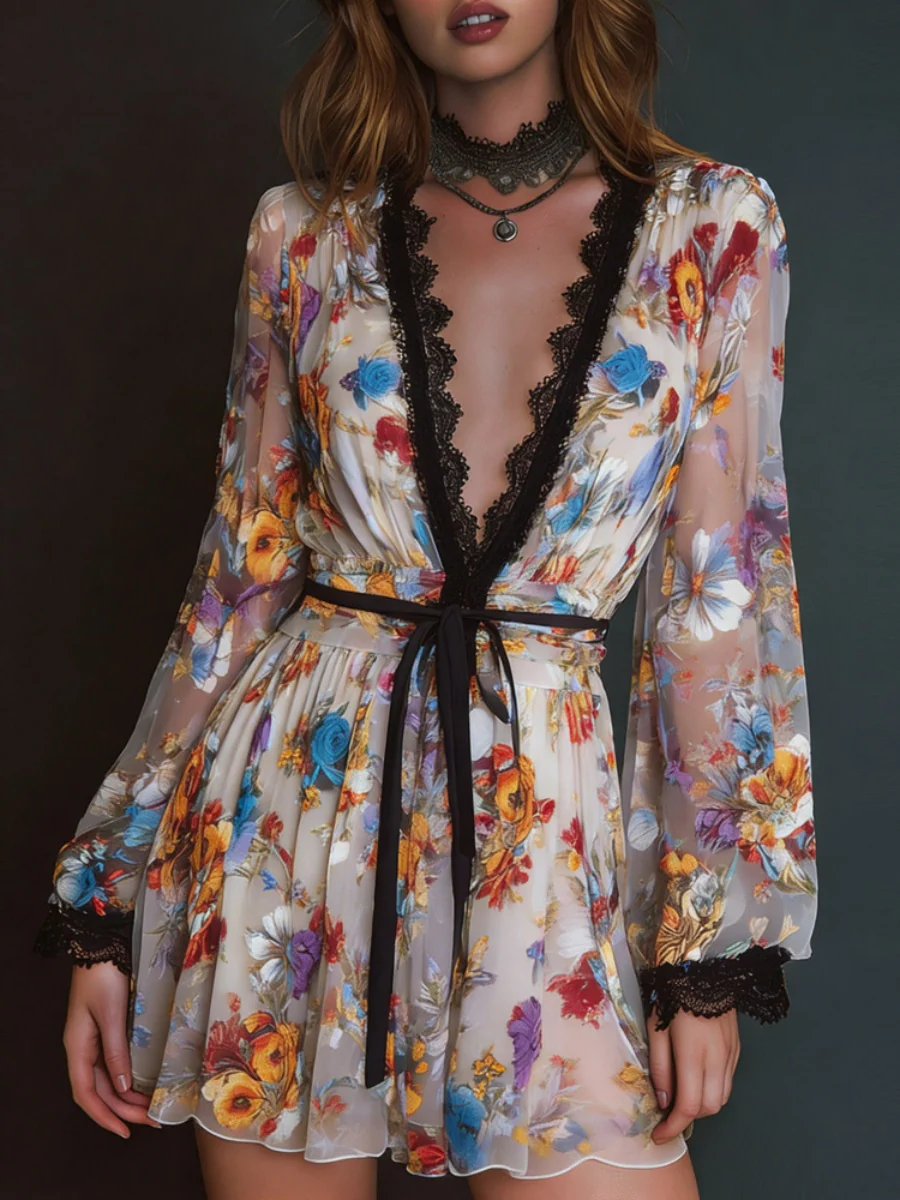 Lace Stitching Loose-fit Printed Mini&Short Dresses - Image 2