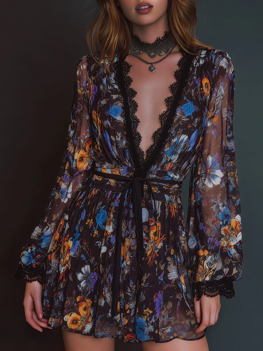 Lace Stitching Loose-fit Printed Mini&Short Dresses - Image 3