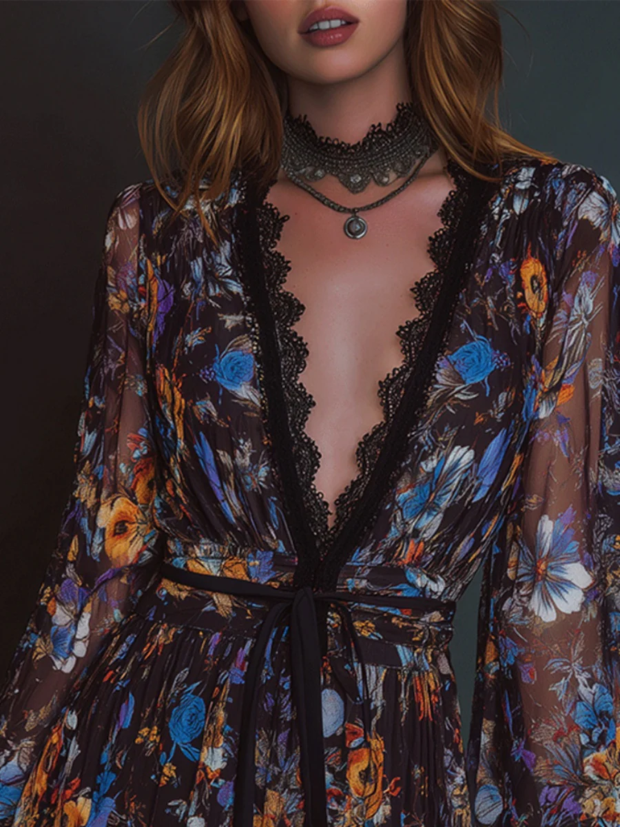 Lace Stitching Loose-fit Printed Mini&Short Dresses - Image 5