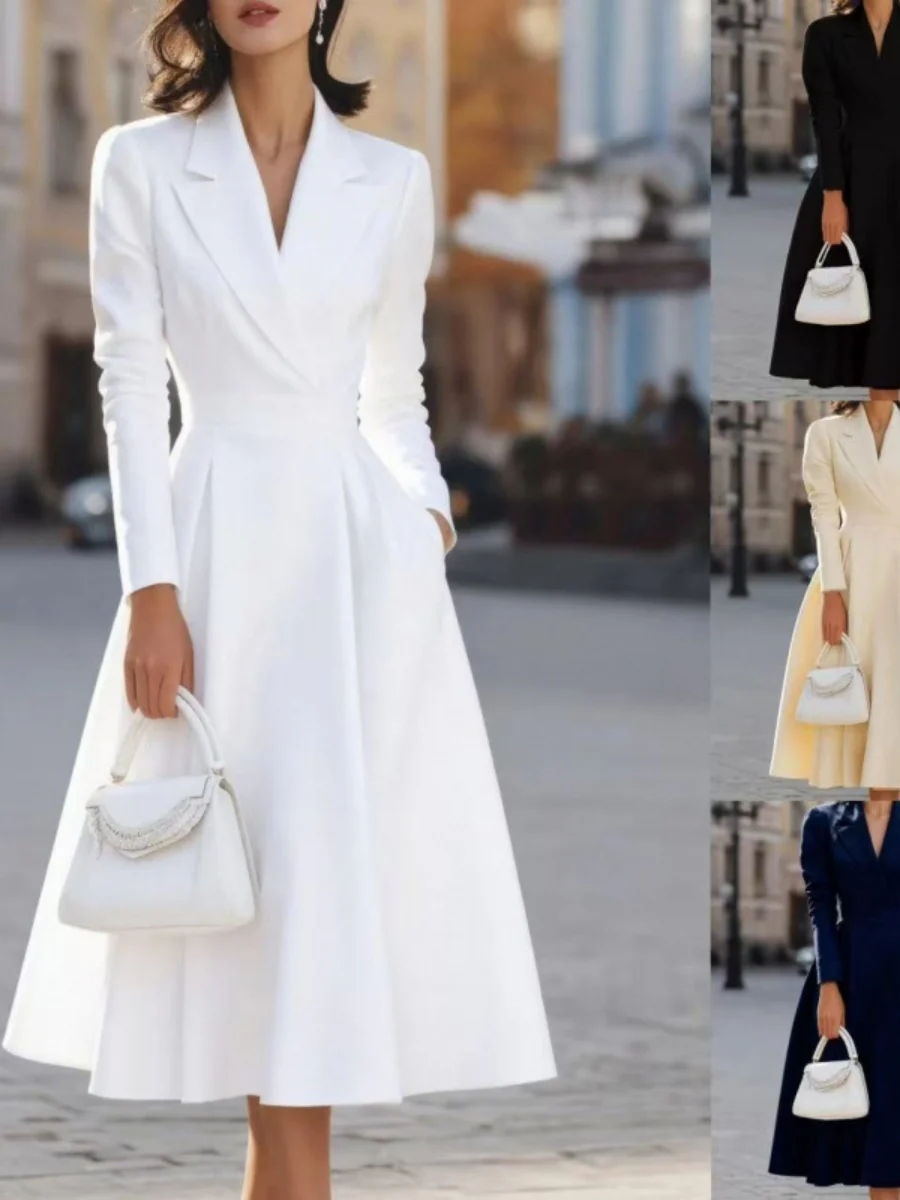 Lapel V-neck Waist Commuting Midi Dresses - Image 2