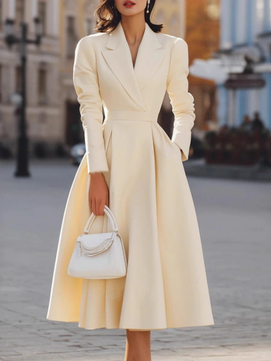 Lapel V-neck Waist Commuting Midi Dresses - Image 3