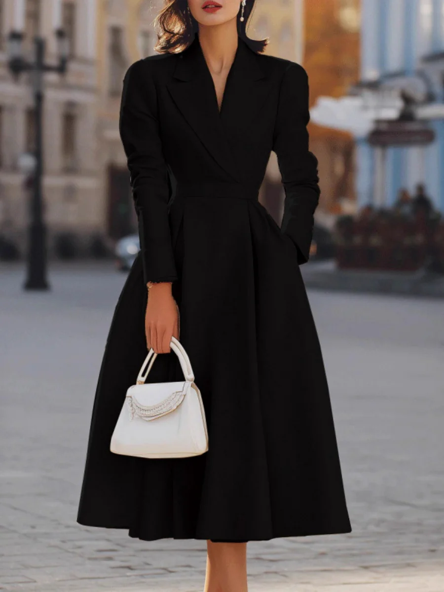 Lapel V-neck Waist Commuting Midi Dresses - Image 4