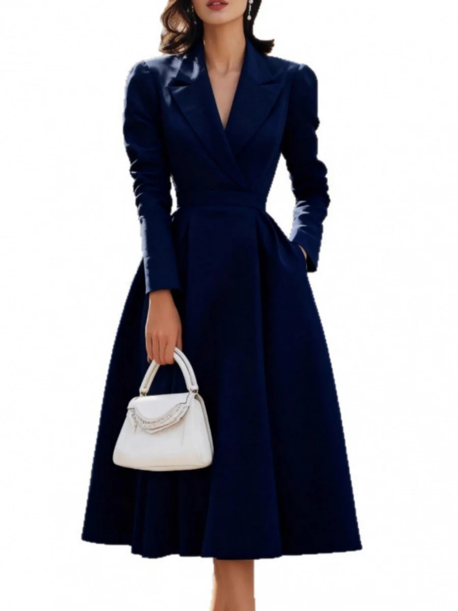 Lapel V-neck Waist Commuting Midi Dresses - Image 5