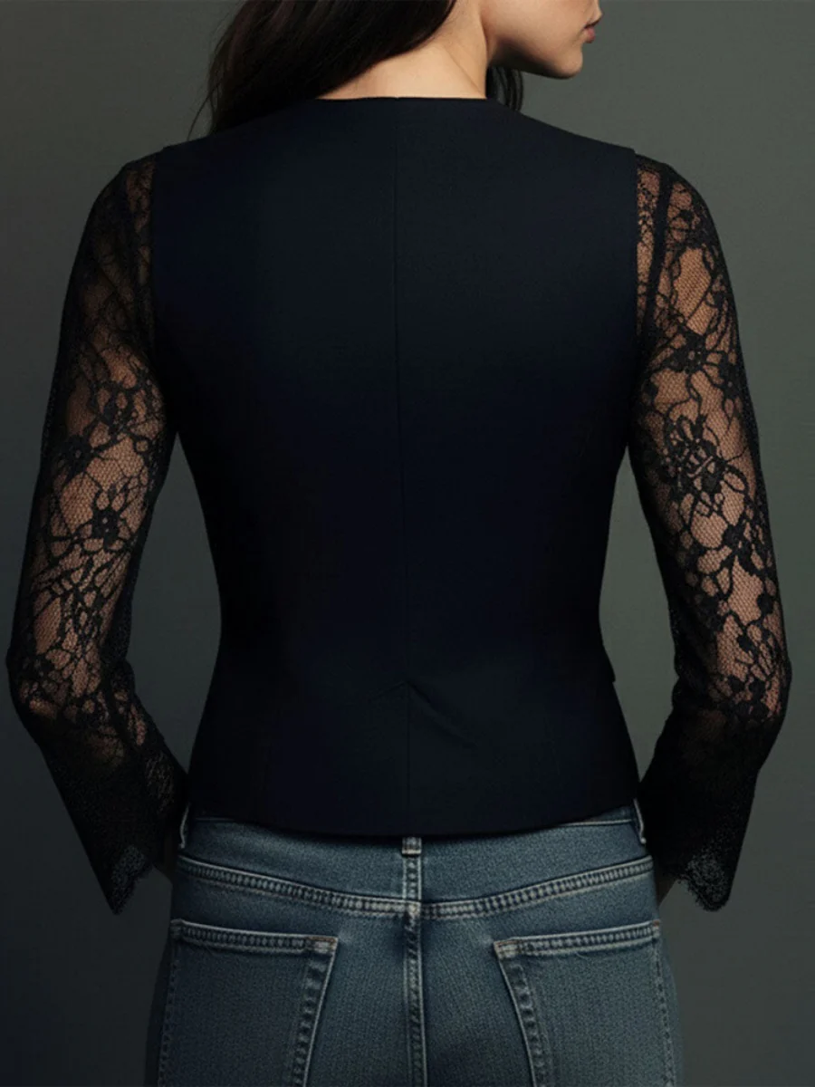 Lace Stitching V-neck Buttons Blouse - Image 2