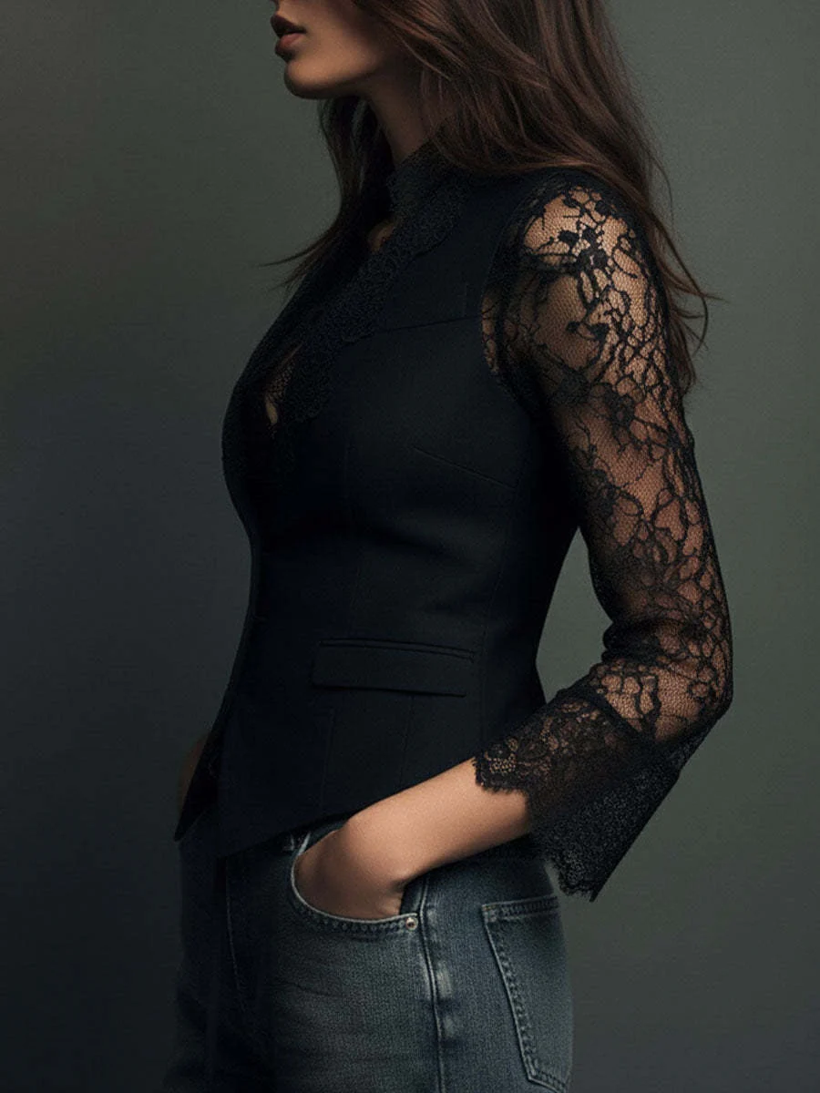 Lace Stitching V-neck Buttons Blouse - Image 4