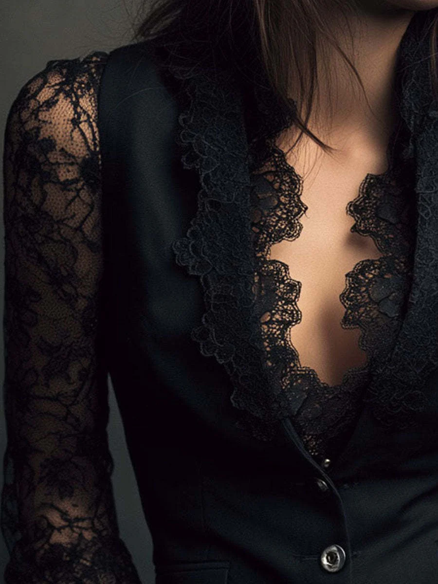 Lace Stitching V-neck Buttons Blouse - Image 5