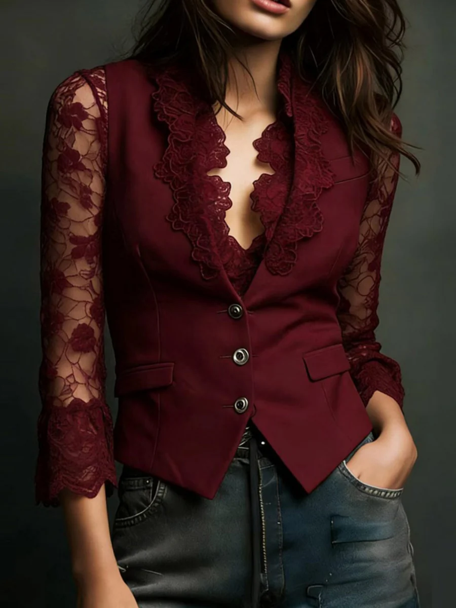 Lace Stitching V-neck Buttons Blouse - Image 8