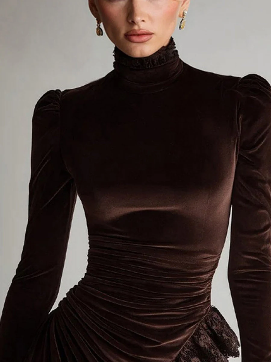 Turtleneck Lace Velvet Splicing Pleated Banquet Mini&Short Dresses - Image 2