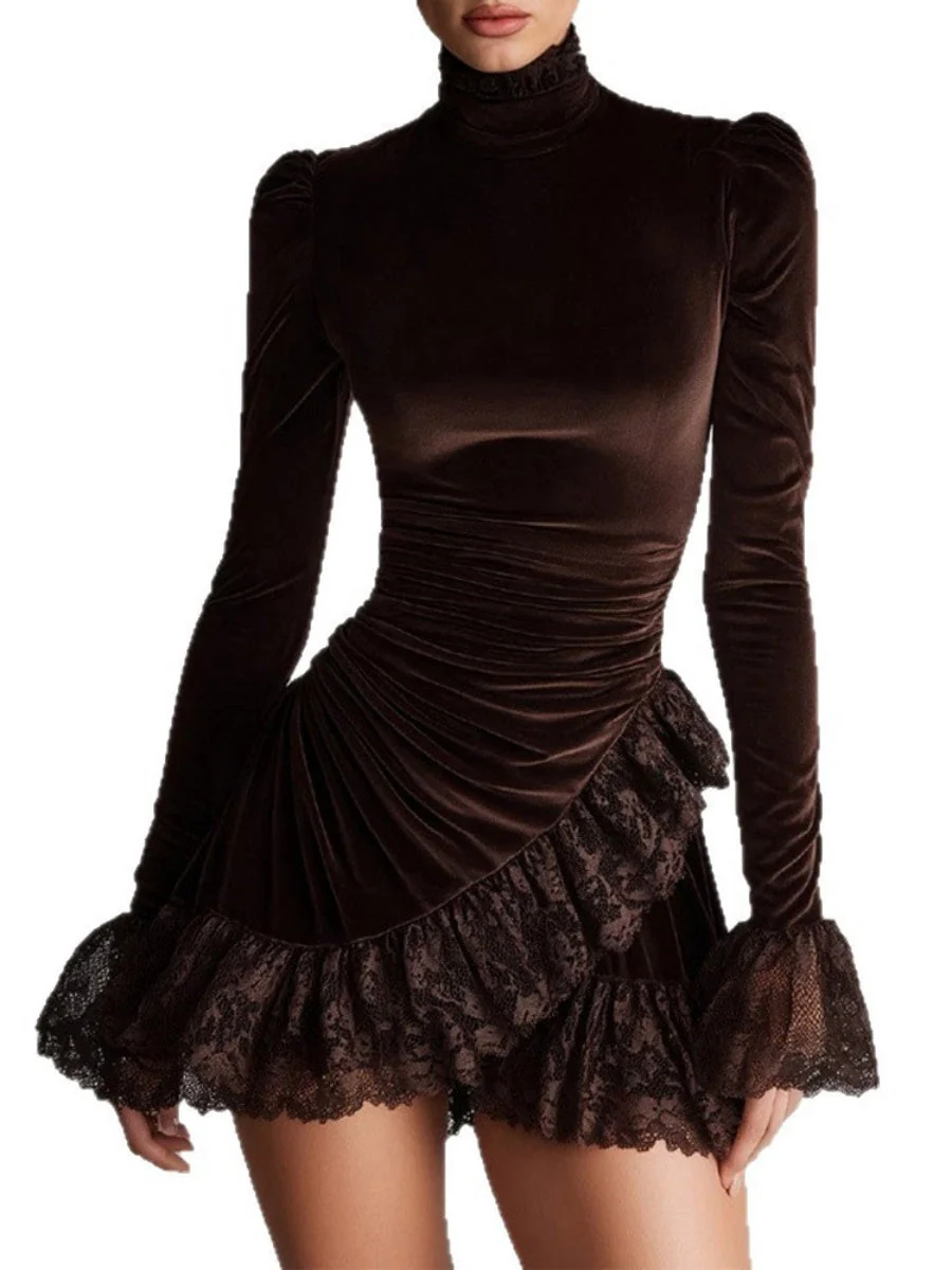 Turtleneck Lace Velvet Splicing Pleated Banquet Mini&Short Dresses - Image 4