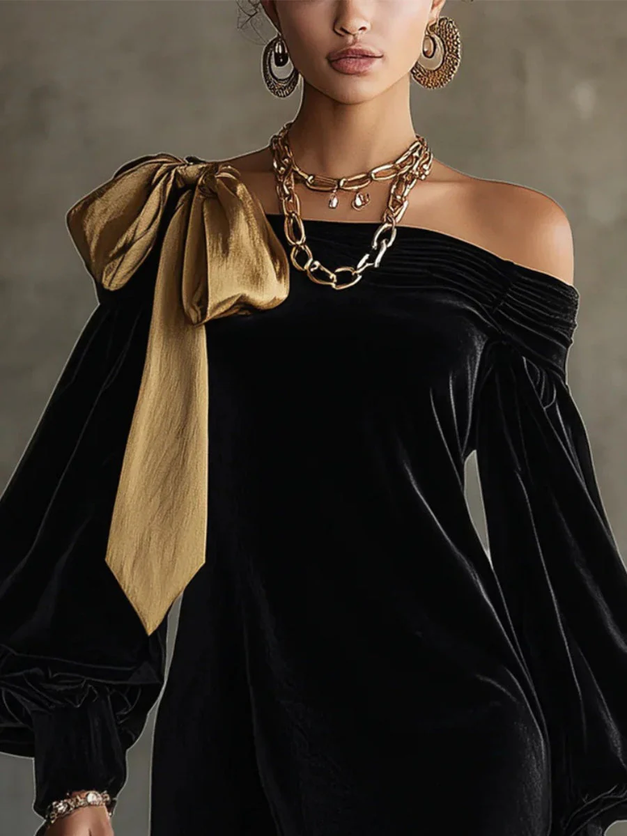 Off-shoulder Balloon Sleeve Bow Banquet Mini&Short Dresses - Image 2