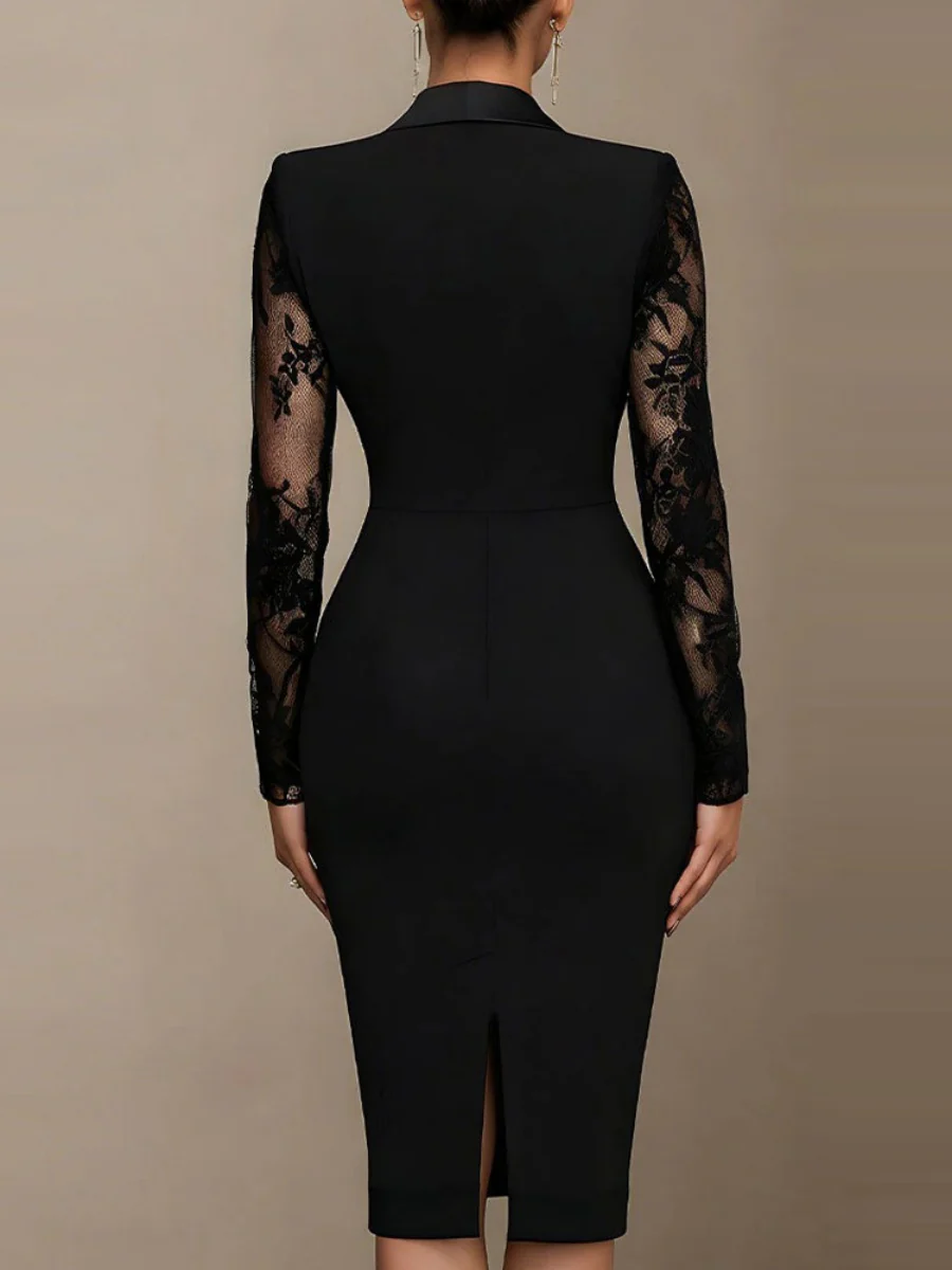 Lace Stitching Mesh Lapel Waist Suit Mini&Short Dresses - Image 4