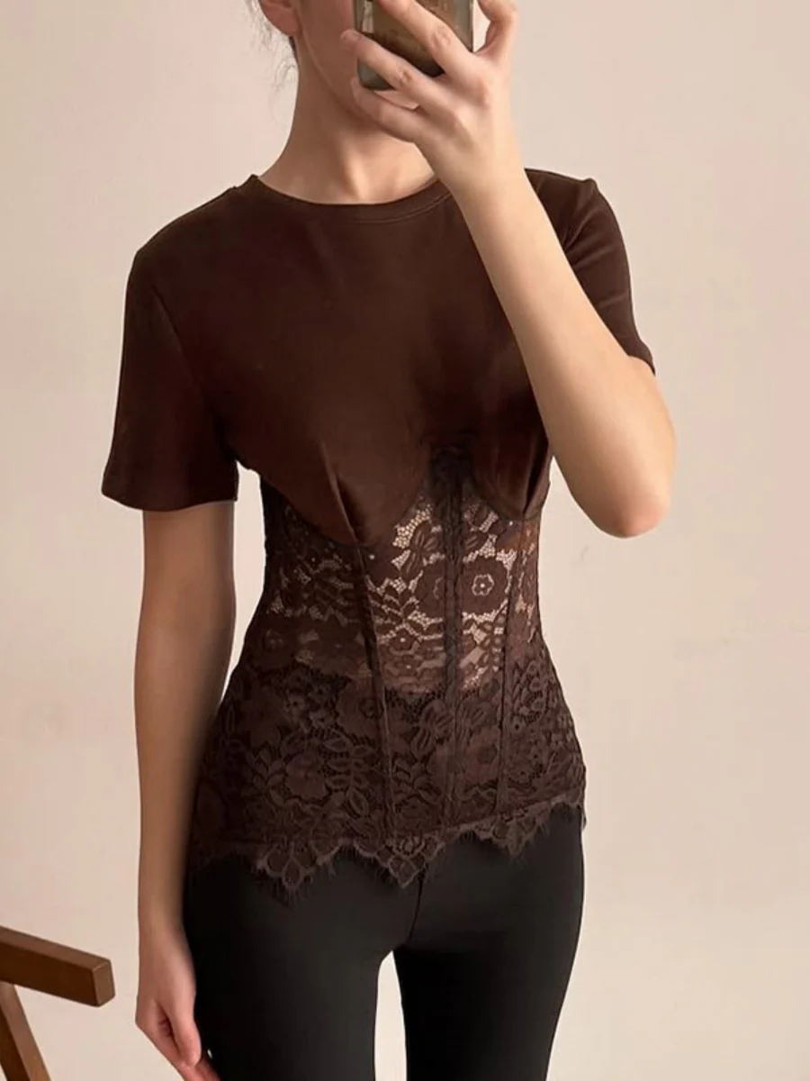 Lace Splicing Fish Bones Perspective T-shirts - Image 9