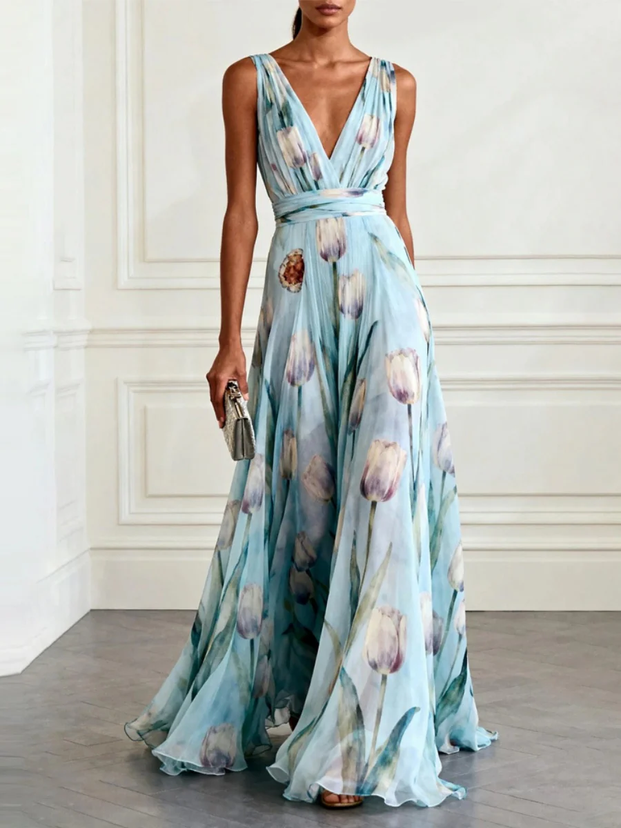 Blue Printed Parties V-neck Sleeveless Maxi Dresses