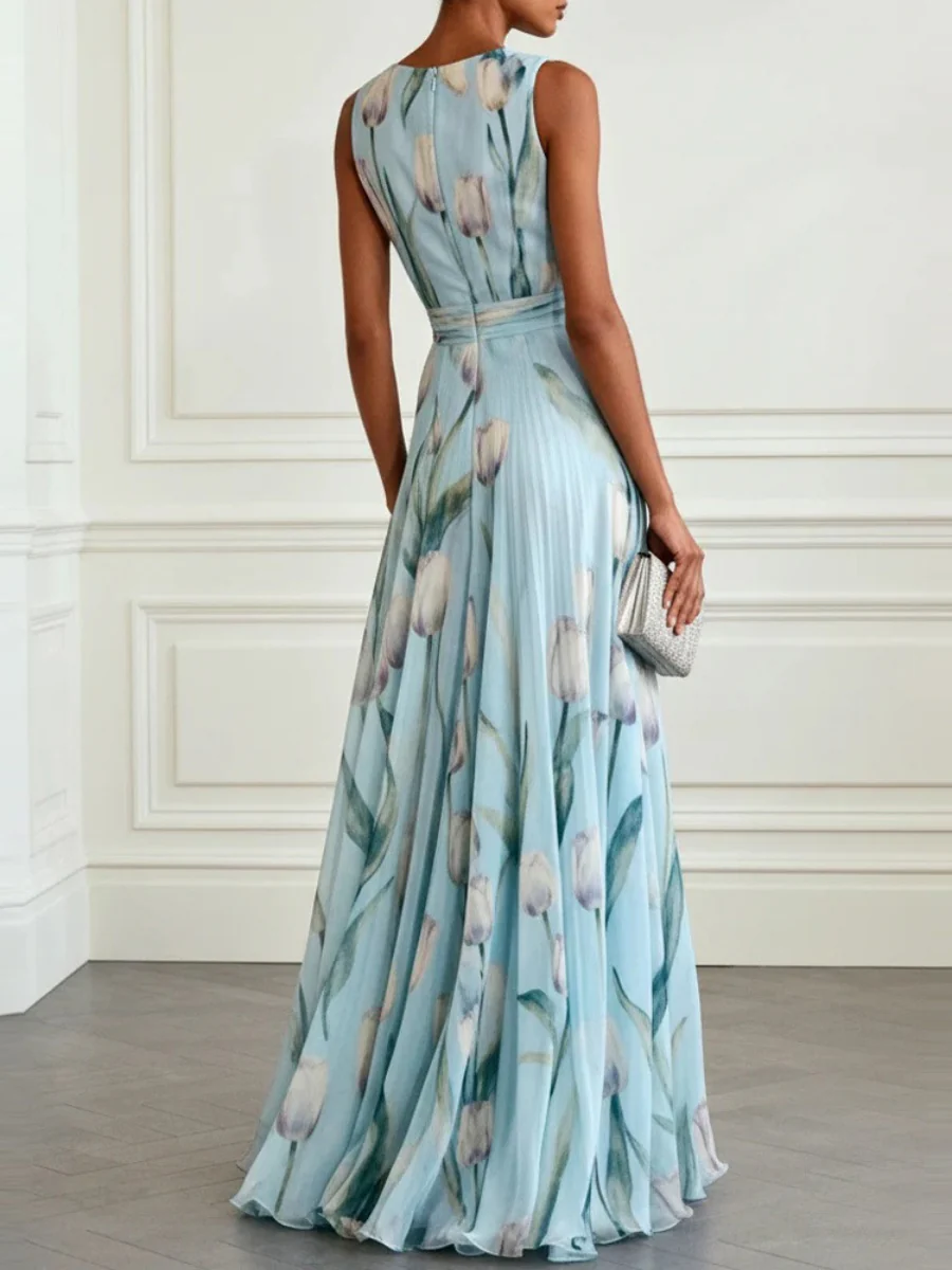 Blue Printed Parties V-neck Sleeveless Maxi Dresses - Image 3