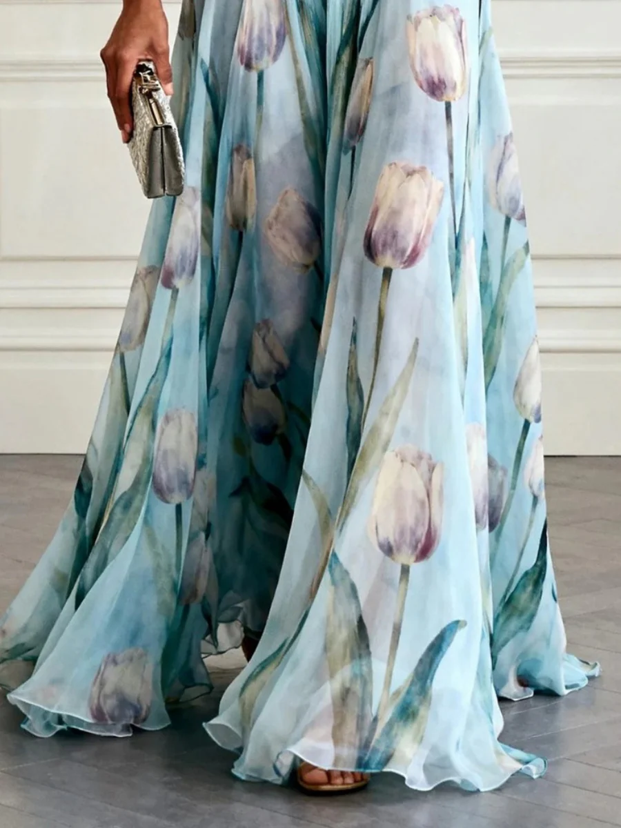 Blue Printed Parties V-neck Sleeveless Maxi Dresses - Image 4