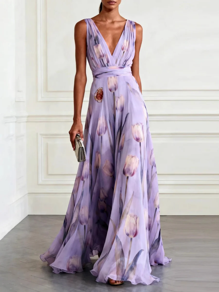 Blue Printed Parties V-neck Sleeveless Maxi Dresses - Image 5
