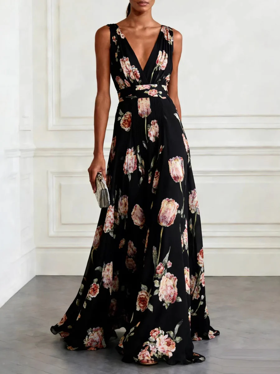 Blue Printed Parties V-neck Sleeveless Maxi Dresses - Image 6