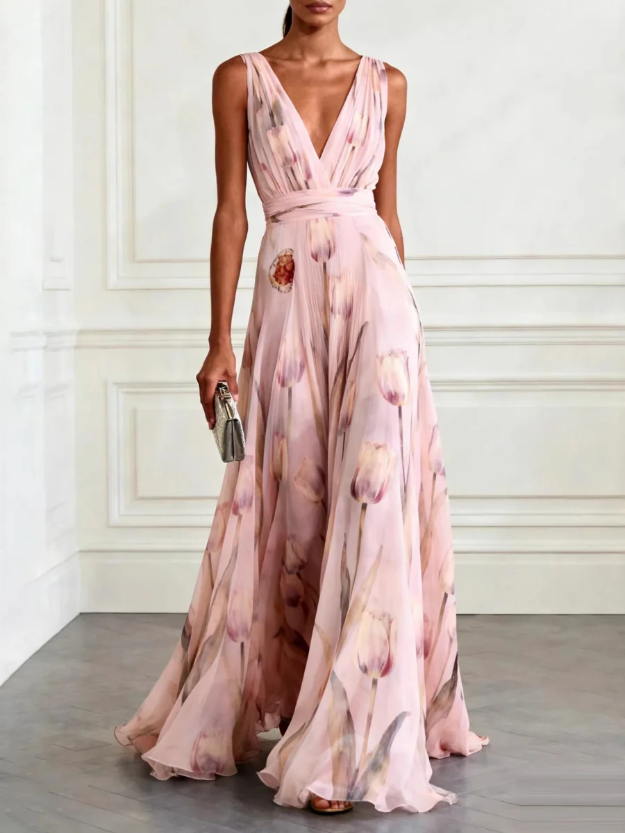 Blue Printed Parties V-neck Sleeveless Maxi Dresses - Image 7