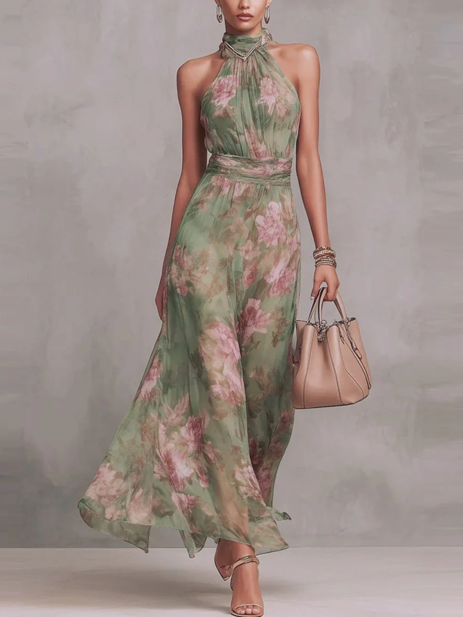 Printed Vacation Formal Dress Halter Maxi Dresses
