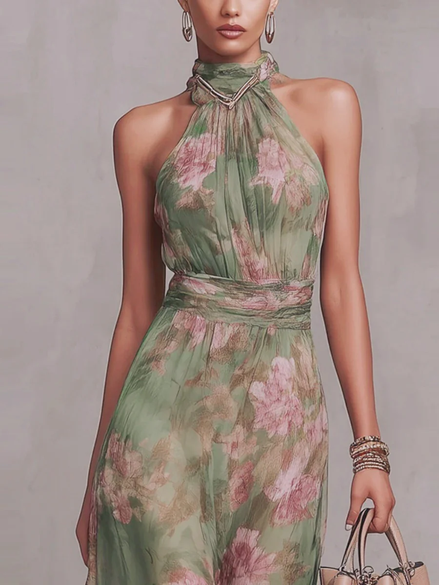 Printed Vacation Formal Dress Halter Maxi Dresses - Image 3