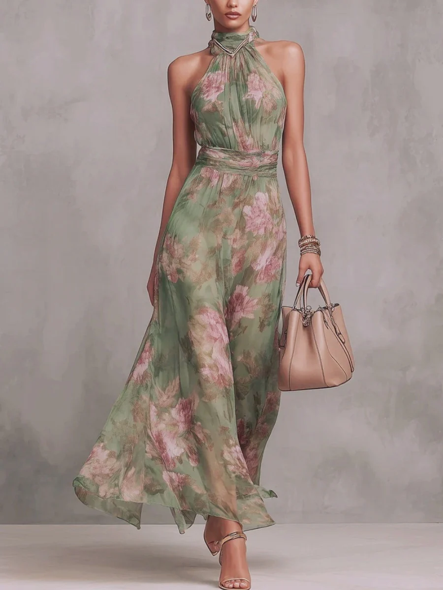 Printed Vacation Formal Dress Halter Maxi Dresses - Image 5