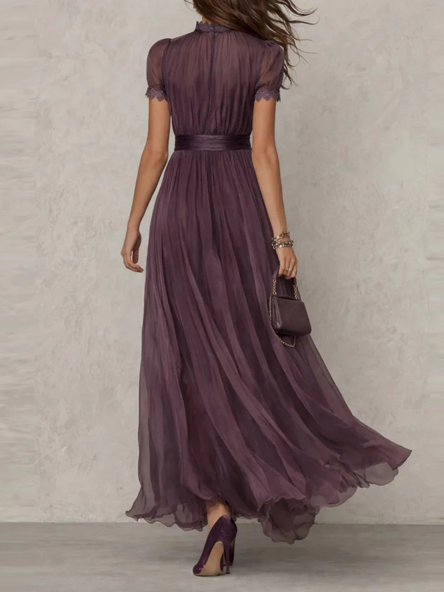 V-neck Waist Ruffle Chiffon Big Swing Maxi Dresses - Image 2