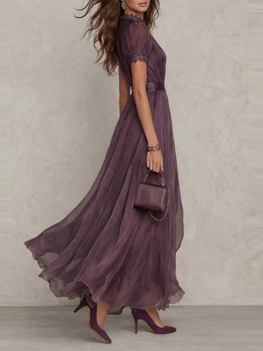 V-neck Waist Ruffle Chiffon Big Swing Maxi Dresses - Image 3
