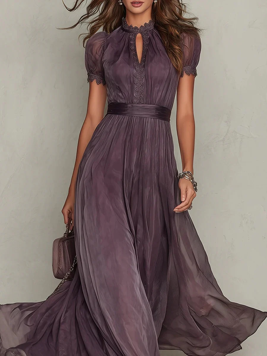 V-neck Waist Ruffle Chiffon Big Swing Maxi Dresses - Image 4