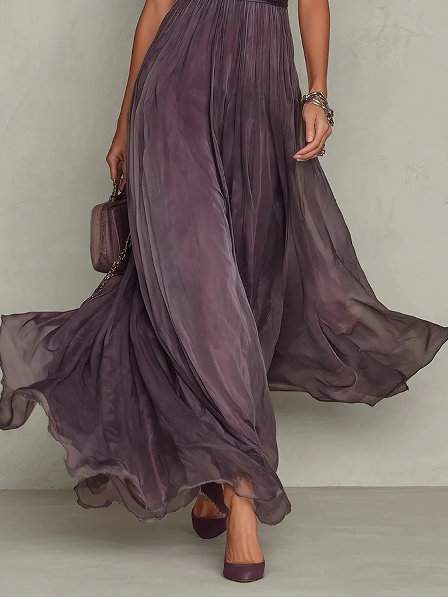 V-neck Waist Ruffle Chiffon Big Swing Maxi Dresses - Image 5