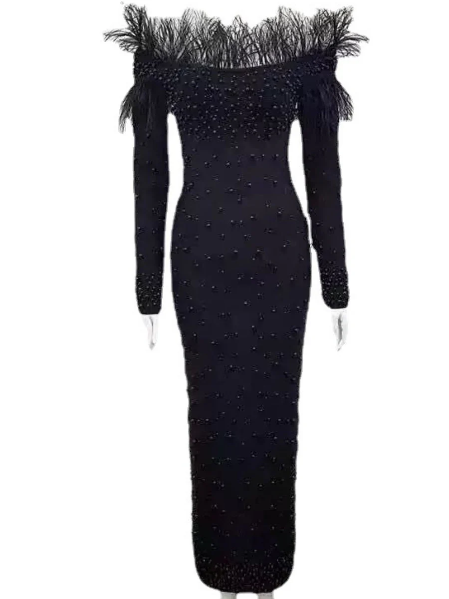 Feather Pearl Off Shoulder Hip-hugging Maxi Dresses - Image 3