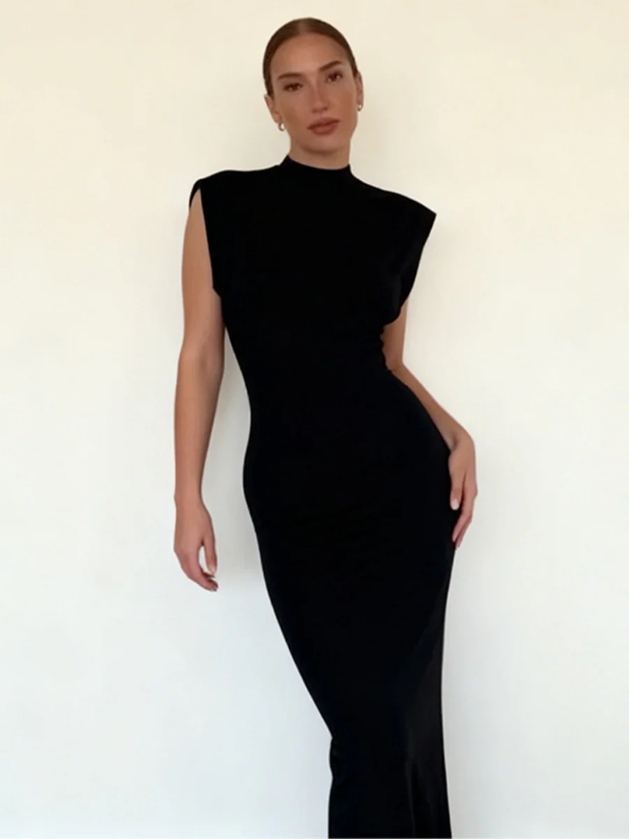 Shoulder Pads Sleeveless Hip-hugging Maxi Dresses