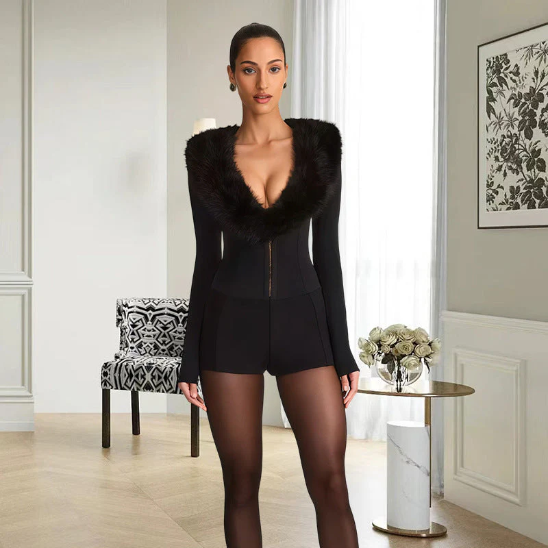 Faux Fur Collar Sexy Slim Fit Dinner Party Bodysuit - Image 3