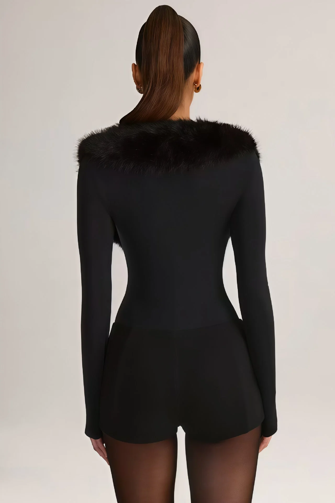 Faux Fur Collar Sexy Slim Fit Dinner Party Bodysuit - Image 4