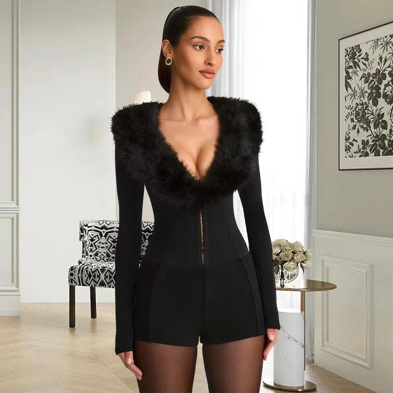 Faux Fur Collar Sexy Slim Fit Dinner Party Bodysuit - Image 5
